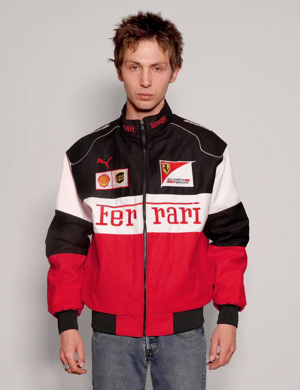 VOREL Tri-Color Ferrari Racing Jacket – Red/White/Black Motorsport Style