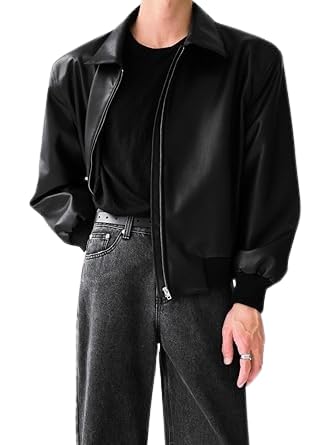 VOREL Men’s Black Faux Leather Jacket – Classic Zip-Up Streetwear Style