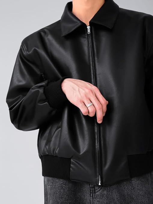 VOREL Men’s Black Faux Leather Jacket – Classic Zip-Up Streetwear Style