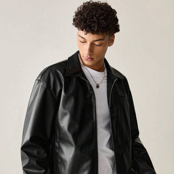 VOREL Men’s Black Faux Leather Jacket – Classic Zip-Up Streetwear Style