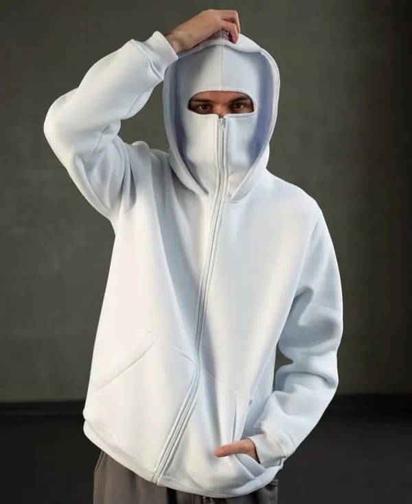 VOREL White Balaclava Hoodie – Streetwear Masked Pullover for Men & Women