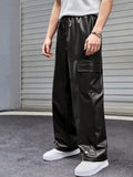 VOREL Men’s Black Faux Leather Cargo Pants – Streetwear Wide-Leg Trousers