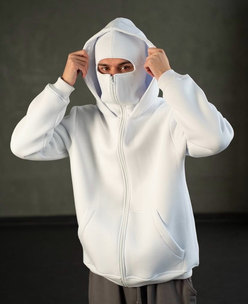 VOREL White Balaclava Hoodie – Streetwear Masked Pullover for Men & Women